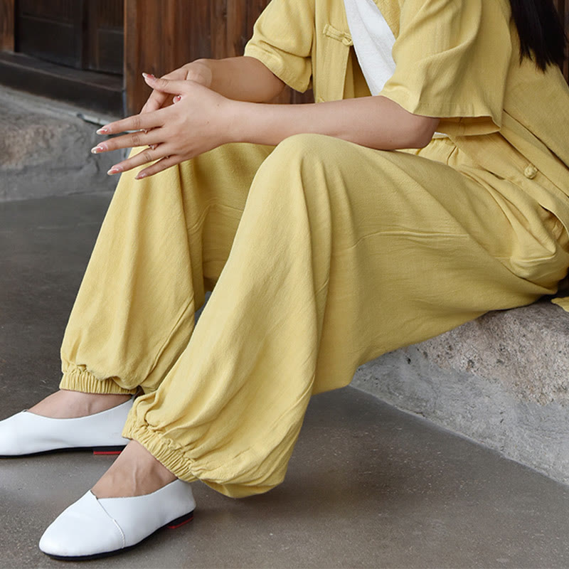 Pantalones de lino holgados informales con bolsillos y diseño de Buddha Stones para mujer - image 23