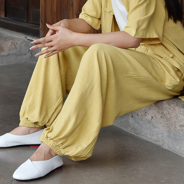 Pantalones de lino holgados informales con bolsillos y diseño de Buddha Stones para mujer - image 23