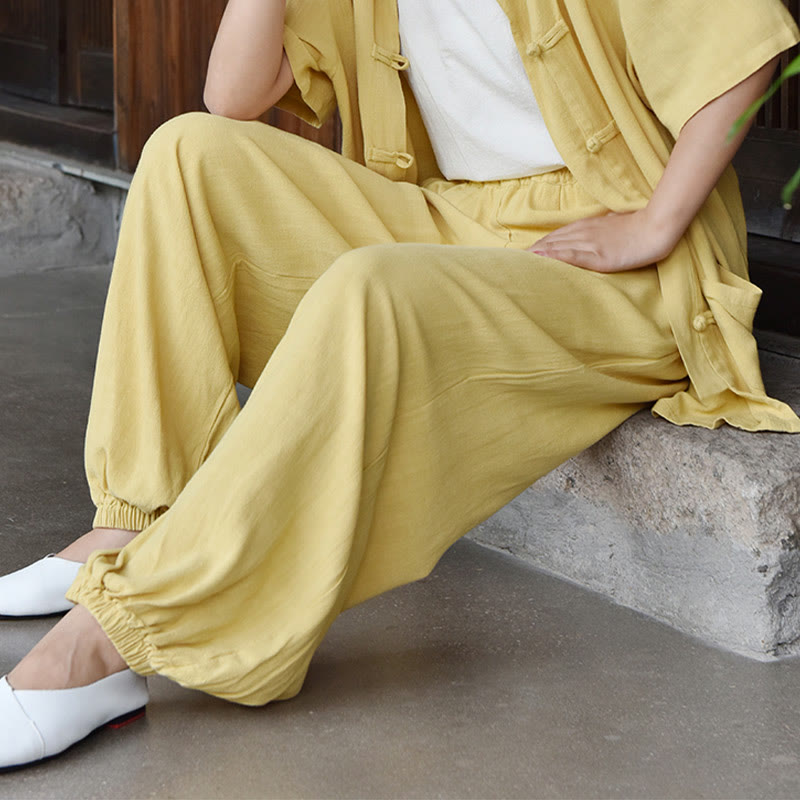 Pantalones de lino holgados informales con bolsillos y diseño de Buddha Stones para mujer - image 22