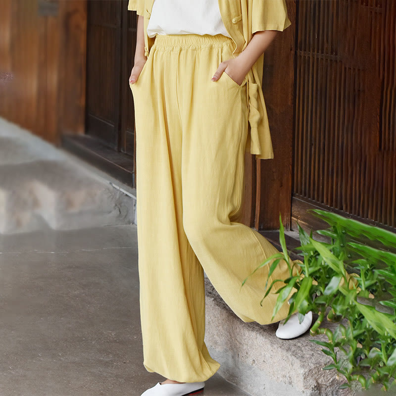 Pantalones de lino holgados informales con bolsillos y diseño de Buddha Stones para mujer - image 20