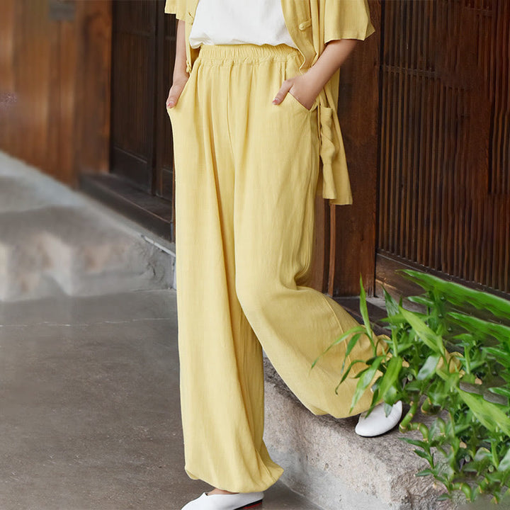 Pantalones de lino holgados informales con bolsillos y diseño de Buddha Stones para mujer - image 20