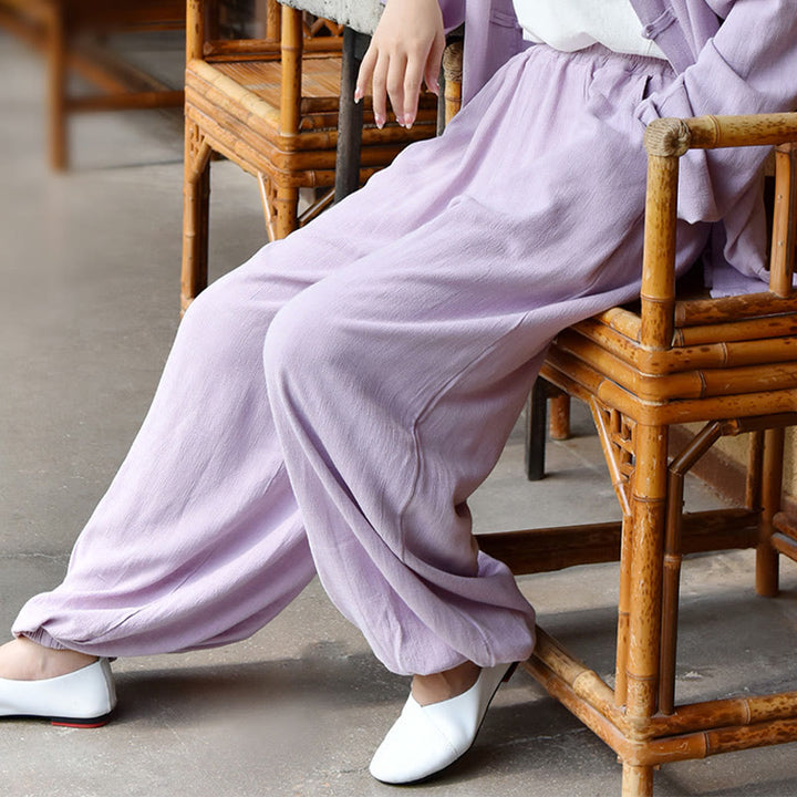 Pantalones de lino holgados informales con bolsillos y diseño de Buddha Stones para mujer - image 26