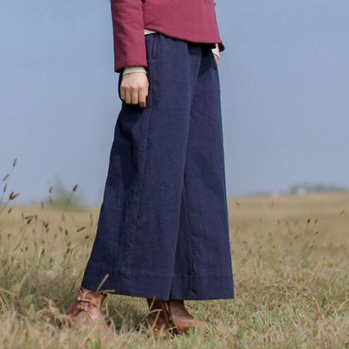 Pantalones anchos de pierna de ramio para mujer, informales, lisos y holgados, con bolsillos, de Buddha Stones - image 1