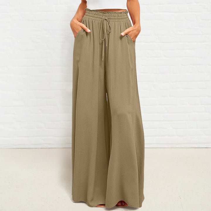 Pantalones anchos de poliéster para mujer, informales, con cintura alta elástica y bolsillos, de Buddha Stones - Caqui oscuro - US12, UK/AU16, EU44 (2XL) - image 0