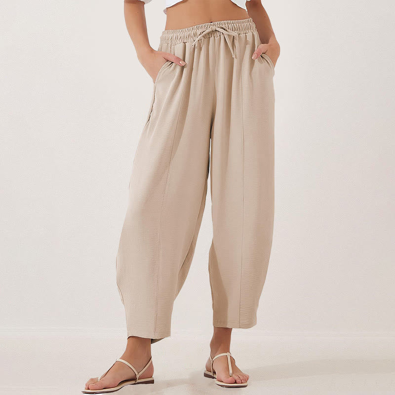 Pantalones casuales holgados con cordón y bolsillos de poliéster de 7/8 de largo para mujer con Buddha Stones - PapayaWhip - US16，UK/AU20，EU48 (3XL) - image 0