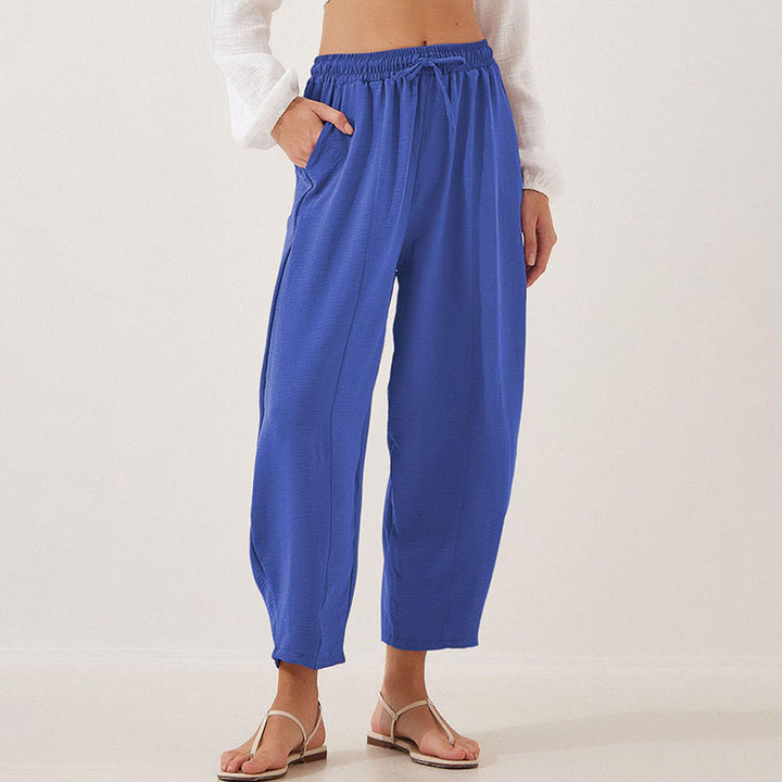 Pantalones casuales holgados con cordón y bolsillos de poliéster de 7/8 de largo para mujer con Buddha Stones - Azul medio - US16，UK/AU20，EU48 (3XL) - image 3