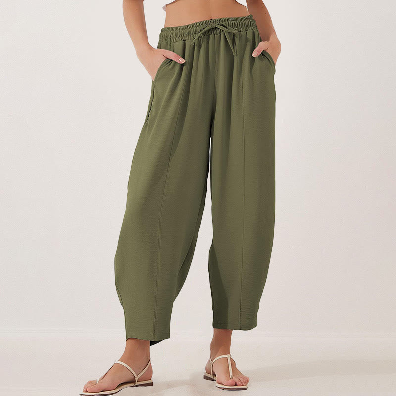 Pantalones casuales holgados con cordón y bolsillos de poliéster de 7/8 de largo para mujer con Buddha Stones - Verde oliva - US16，UK/AU20，EU48 (3XL) - image 16