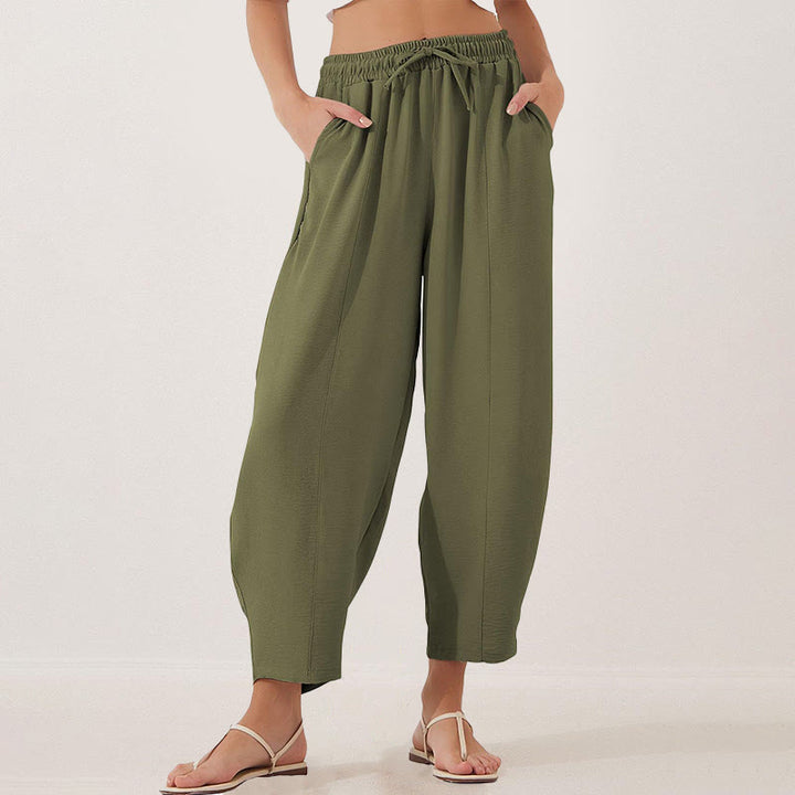 Pantalones casuales holgados con cordón y bolsillos de poliéster de 7/8 de largo para mujer con Buddha Stones - Verde oliva - US16，UK/AU20，EU48 (3XL) - image 16