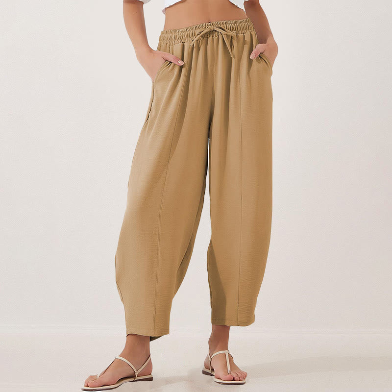 Pantalones casuales holgados con cordón y bolsillos de poliéster de 7/8 de largo para mujer con Buddha Stones - Vara de oro - US16，UK/AU20，EU48 (3XL) - image 24