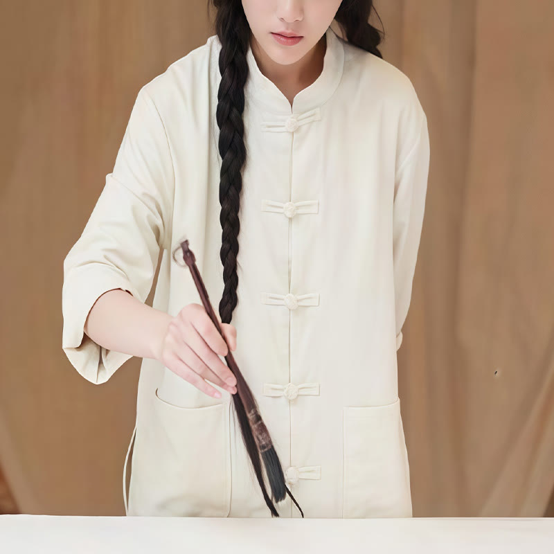 Camisas de mujer de lino y algodón de manga larga con botones de rana en color liso y bolsillos con Buddha Stones - image 3