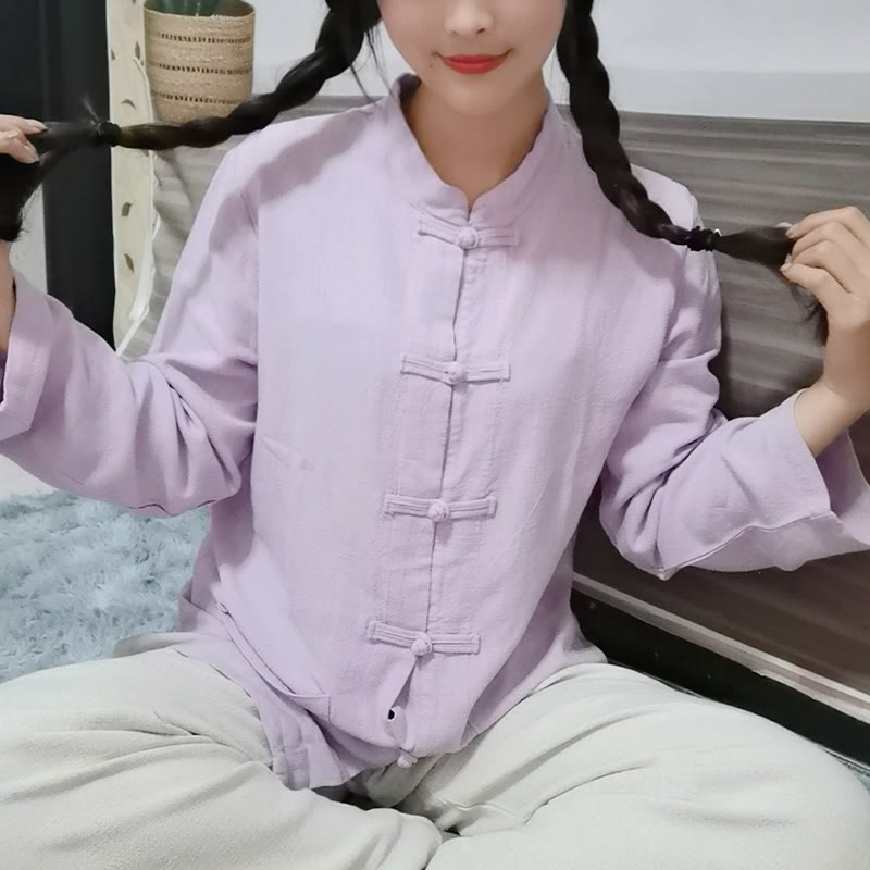 Camisas de mujer de lino y algodón de manga larga con botones de rana en color liso y bolsillos con Buddha Stones - Cardo - US8-10, UK/AU12-14, EU40-42 (XL) - image 8