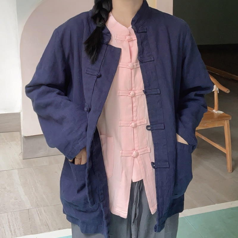 Camisas de mujer de lino y algodón de manga larga con botones de rana en color liso y bolsillos con Buddha Stones - image 18