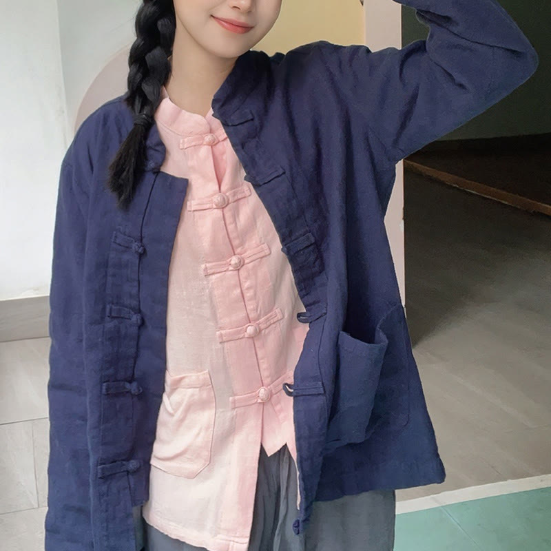 Camisas de mujer de lino y algodón de manga larga con botones de rana en color liso y bolsillos con Buddha Stones - image 17