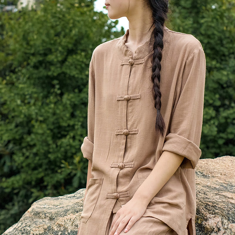 Camisas de mujer de lino y algodón de manga larga con botones de rana en color liso y bolsillos con Buddha Stones - image 23