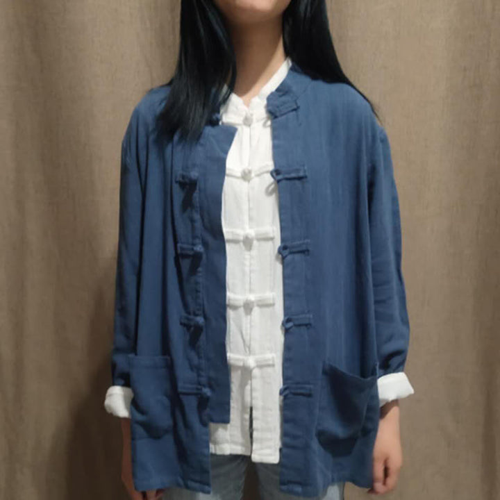 Camisas de mujer de lino y algodón de manga larga con botones de rana en color liso y bolsillos con Buddha Stones - Azul pizarra oscuro - US8-10, UK/AU12-14, EU40-42 (XL) - image 9