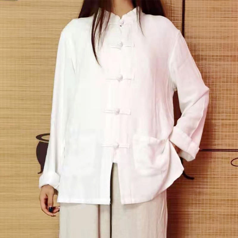 Camisas de mujer de lino y algodón de manga larga con botones de rana en color liso y bolsillos con Buddha Stones - image 1