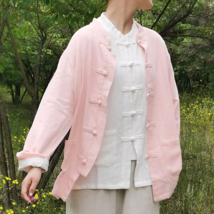 Camisas de mujer de lino y algodón de manga larga con botones de rana en color liso y bolsillos con Buddha Stones - Rosa - US6，UK/AU10，EU38 (XL) - image 16