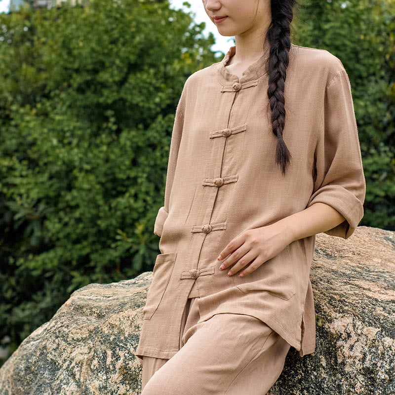 Camisas de mujer de lino y algodón de manga larga con botones de rana en color liso y bolsillos con Buddha Stones - image 22