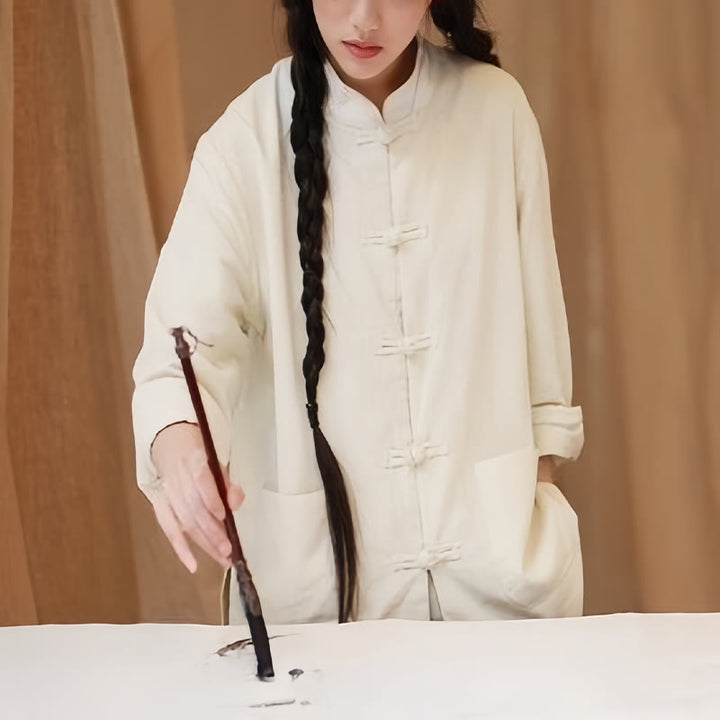 Camisas de mujer de lino y algodón de manga larga con botones de rana en color liso y bolsillos con Buddha Stones - image 4