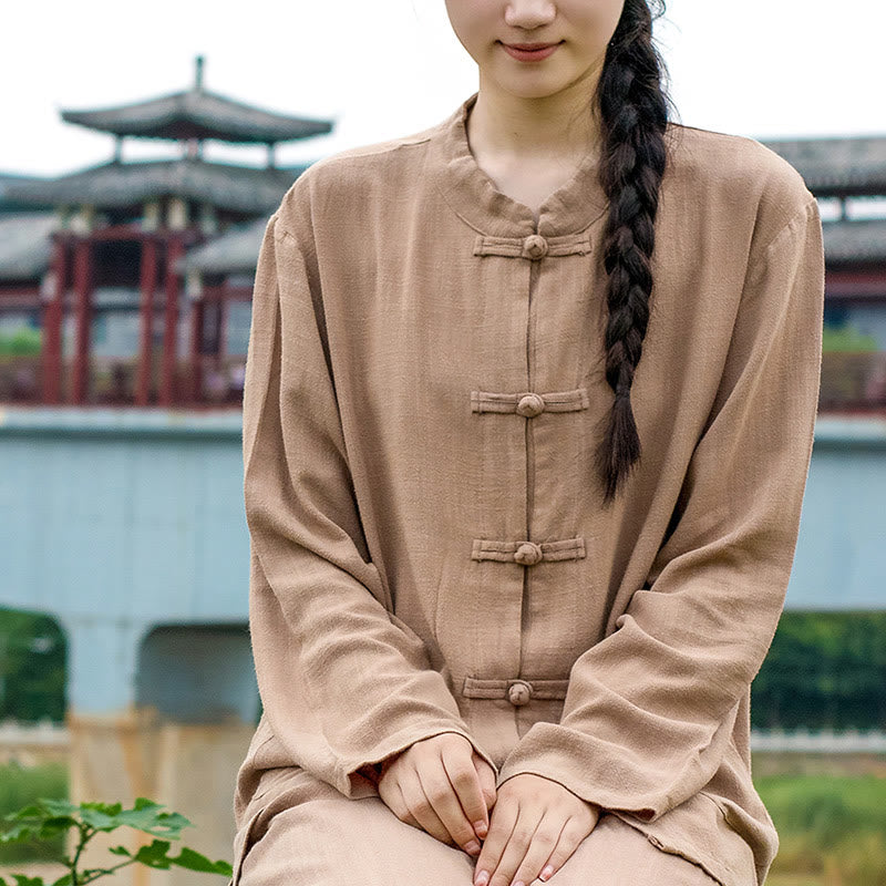 Camisas de mujer de lino y algodón de manga larga con botones de rana en color liso y bolsillos con Buddha Stones - image 21