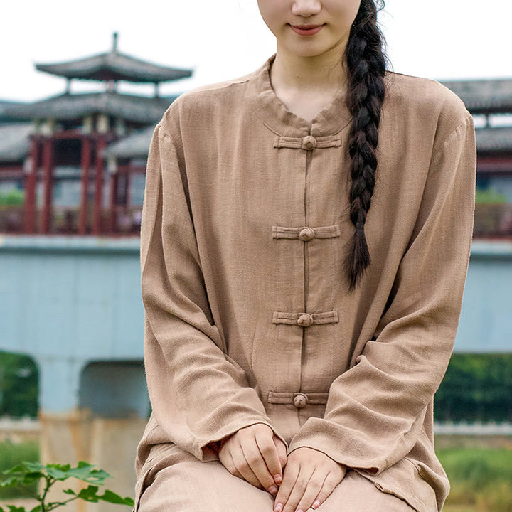 Camisas de mujer de lino y algodón de manga larga con botones de rana en color liso y bolsillos con Buddha Stones - image 21