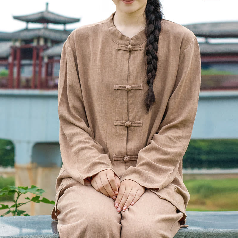 Camisas de mujer de lino y algodón de manga larga con botones de rana en color liso y bolsillos con Buddha Stones - Madera burda - US6，UK/AU10，EU38 (XL) - image 20