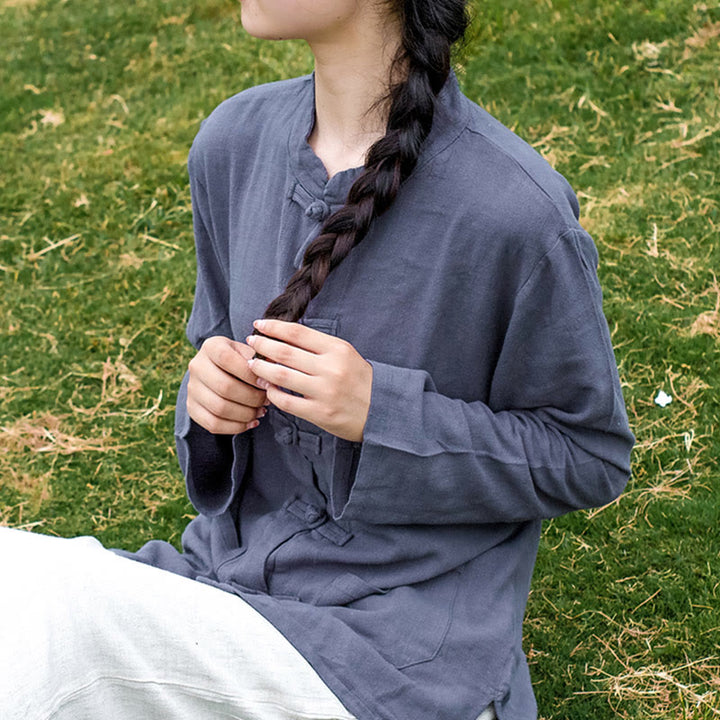 Camisas de mujer de lino y algodón de manga larga con botones de rana en color liso y bolsillos con Buddha Stones - Azul acero claro - US8-10, UK/AU12-14, EU40-42 (XL) - image 24