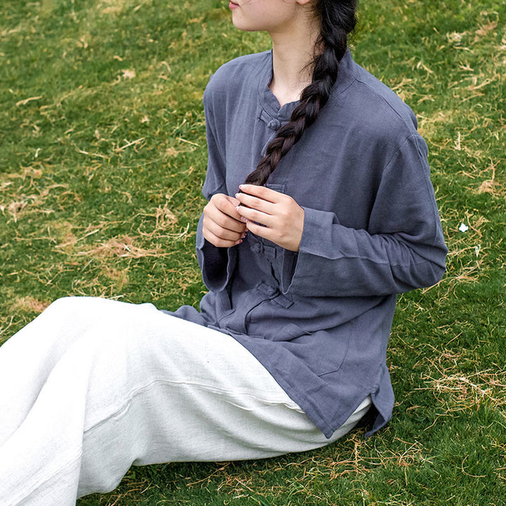 Camisas de mujer de lino y algodón de manga larga con botones de rana en color liso y bolsillos con Buddha Stones - image 25