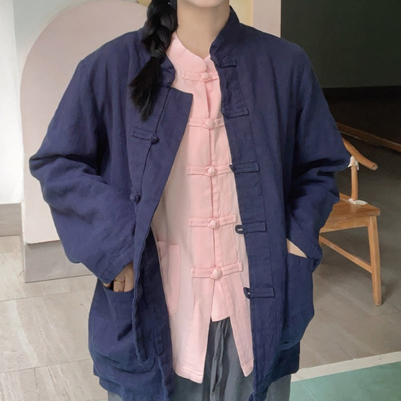 Camisas de mujer de lino y algodón de manga larga con botones de rana en color liso y bolsillos con Buddha Stones - image 19