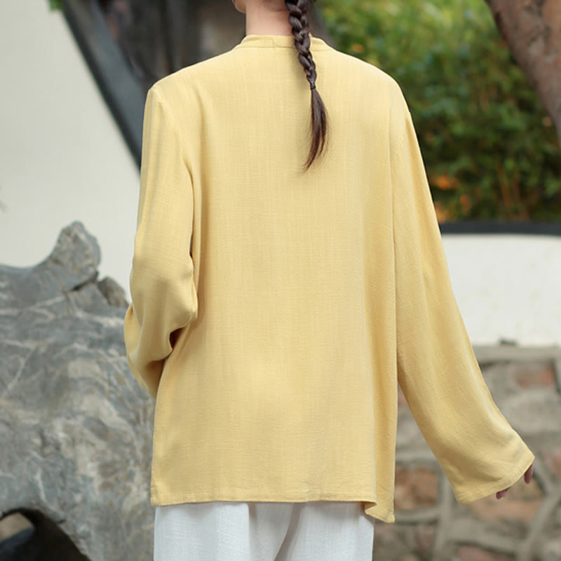 Camisas de mujer de lino y algodón de manga larga con botones de rana en color liso y bolsillos con Buddha Stones - image 15