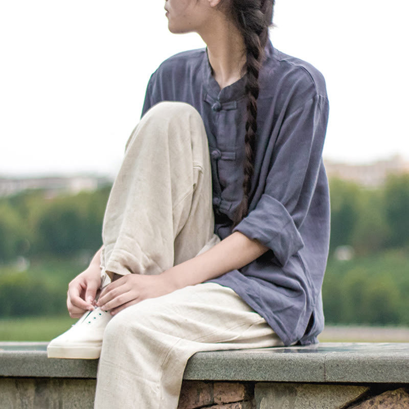 Camisas de mujer de lino y algodón de manga larga con botones de rana en color liso y bolsillos con Buddha Stones - image 26