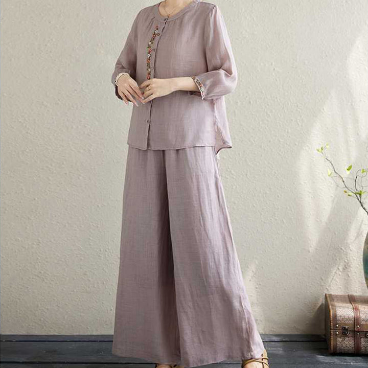 Conjunto de 2 piezas de camisa y pantalones con bordado de flores de algodón y piedras de Buddha Stones para meditación, tai chi y zen para mujer - image 6