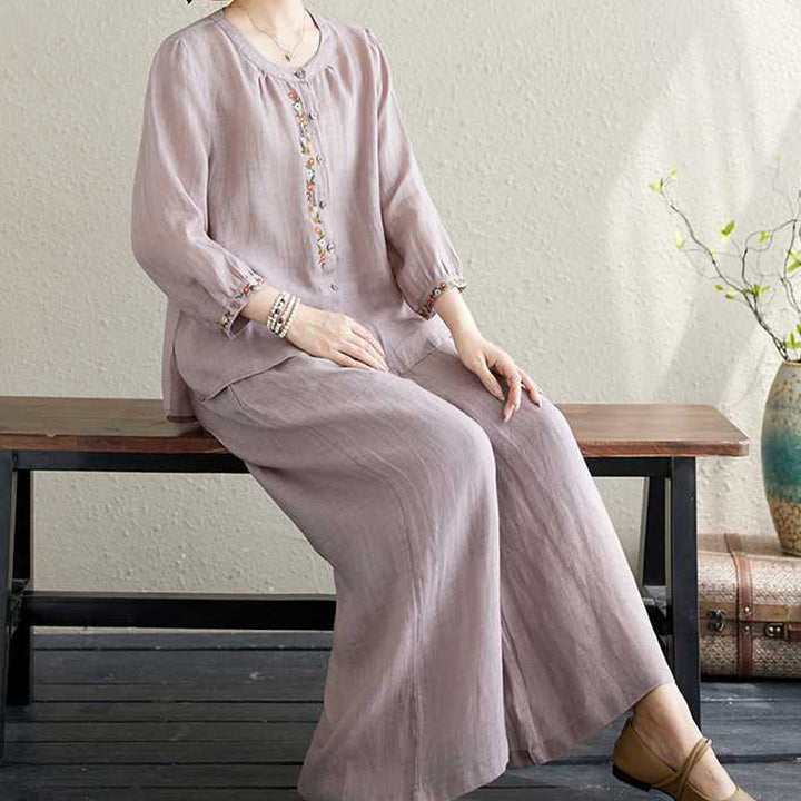Conjunto de 2 piezas de camisa y pantalones con bordado de flores de algodón y piedras de Buddha Stones para meditación, tai chi y zen para mujer - image 9