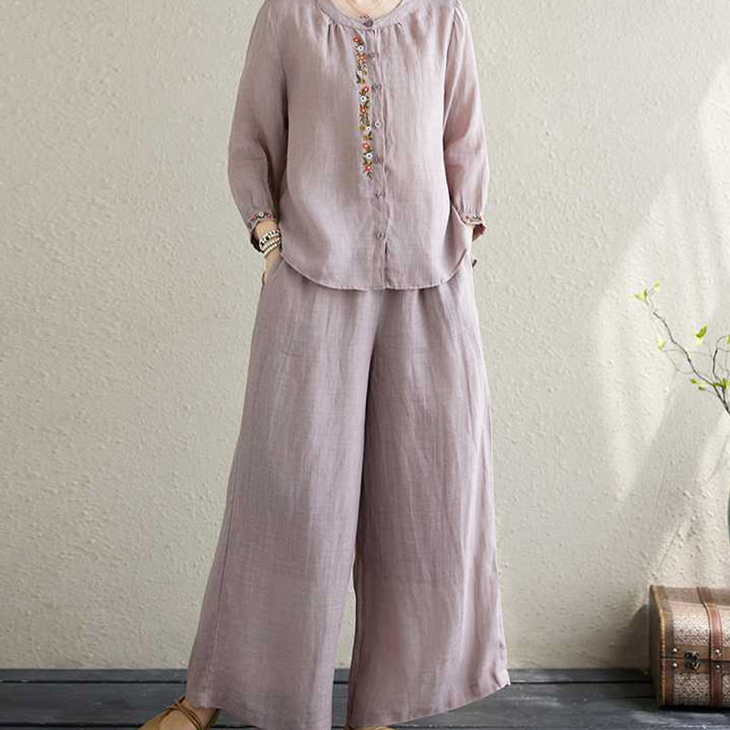 Conjunto de 2 piezas de camisa y pantalones con bordado de flores de algodón y piedras de Buddha Stones para meditación, tai chi y zen para mujer - image 3