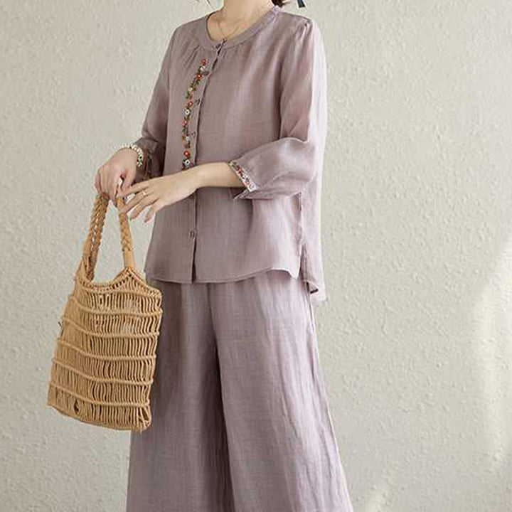 Conjunto de 2 piezas de camisa y pantalones con bordado de flores de algodón y piedras de Buddha Stones para meditación, tai chi y zen para mujer - image 7