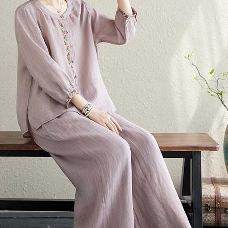 Conjunto de 2 piezas de camisa y pantalones con bordado de flores de algodón y piedras de Buddha Stones para meditación, tai chi y zen para mujer - image 8