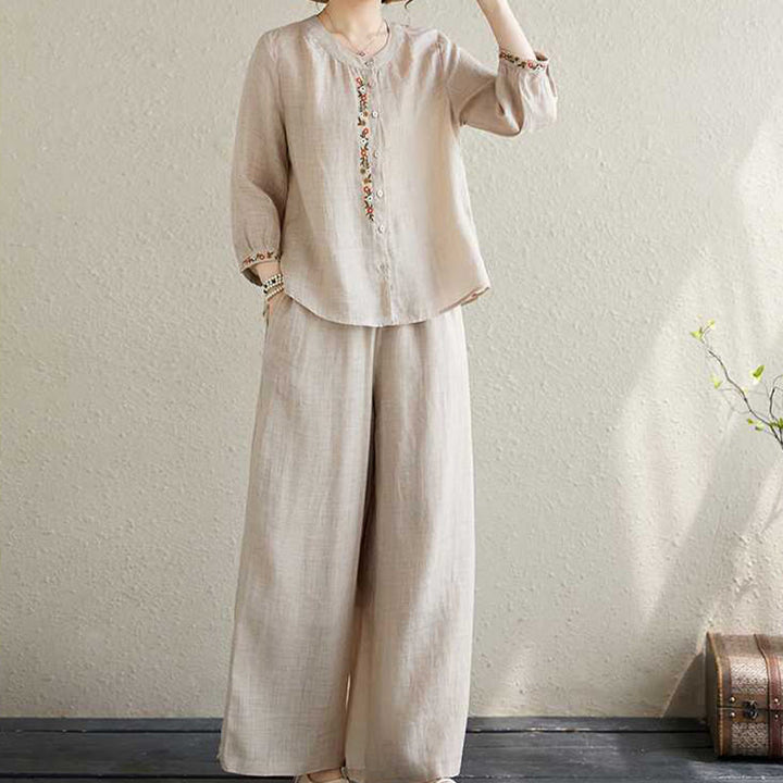 Conjunto de 2 piezas de camisa y pantalones con bordado de flores de algodón y piedras de Buddha Stones para meditación, tai chi y zen para mujer - Beige - US6，UK/AU10，EU38 (XL) - image 11