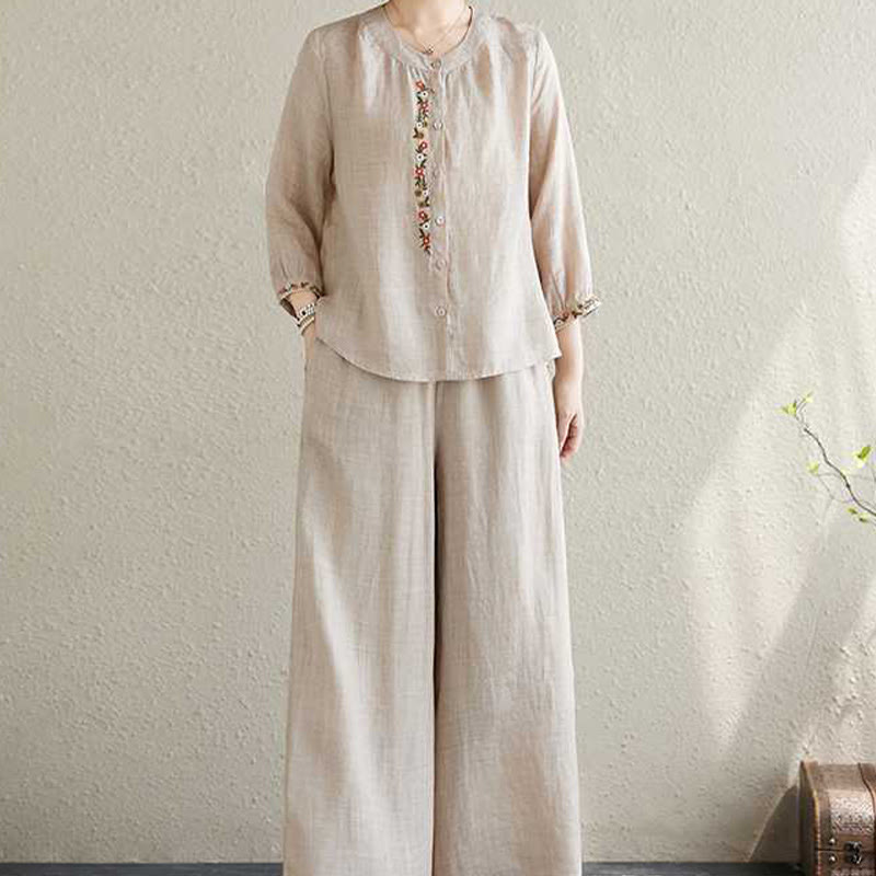 Conjunto de 2 piezas de camisa y pantalones con bordado de flores de algodón y piedras de Buddha Stones para meditación, tai chi y zen para mujer - image 15