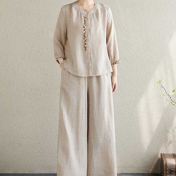 Conjunto de 2 piezas de camisa y pantalones con bordado de flores de algodón y piedras de Buddha Stones para meditación, tai chi y zen para mujer - image 15