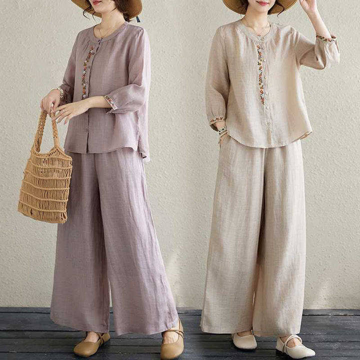 Conjunto de 2 piezas de camisa y pantalones con bordado de flores de algodón y piedras de Buddha Stones para meditación, tai chi y zen para mujer - image 26