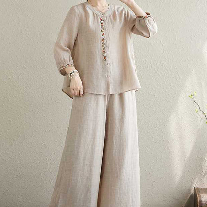 Conjunto de 2 piezas de camisa y pantalones con bordado de flores de algodón y piedras de Buddha Stones para meditación, tai chi y zen para mujer - image 16