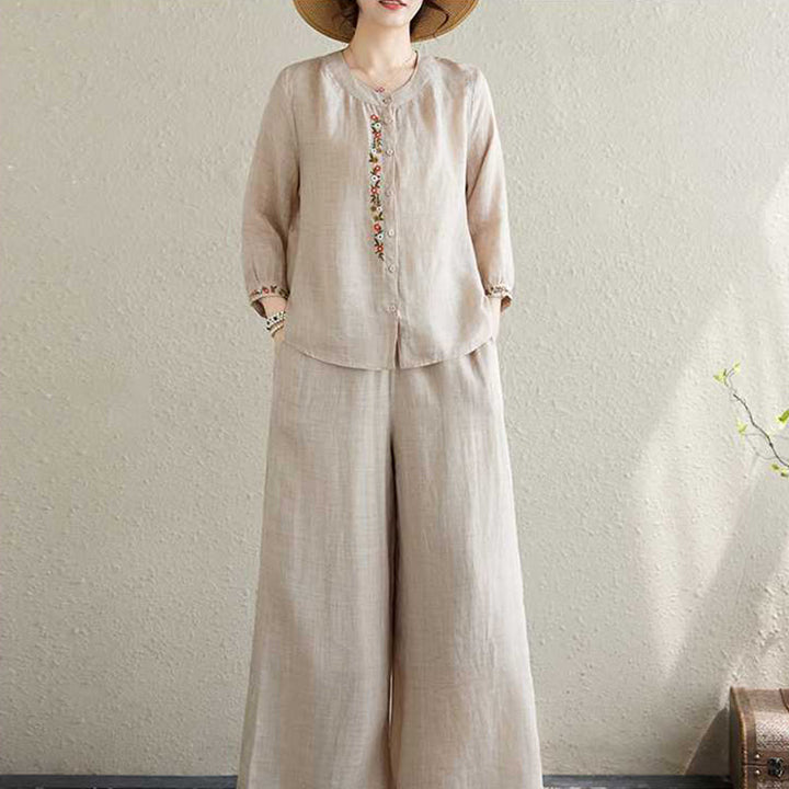 Conjunto de 2 piezas de camisa y pantalones con bordado de flores de algodón y piedras de Buddha Stones para meditación, tai chi y zen para mujer - image 17