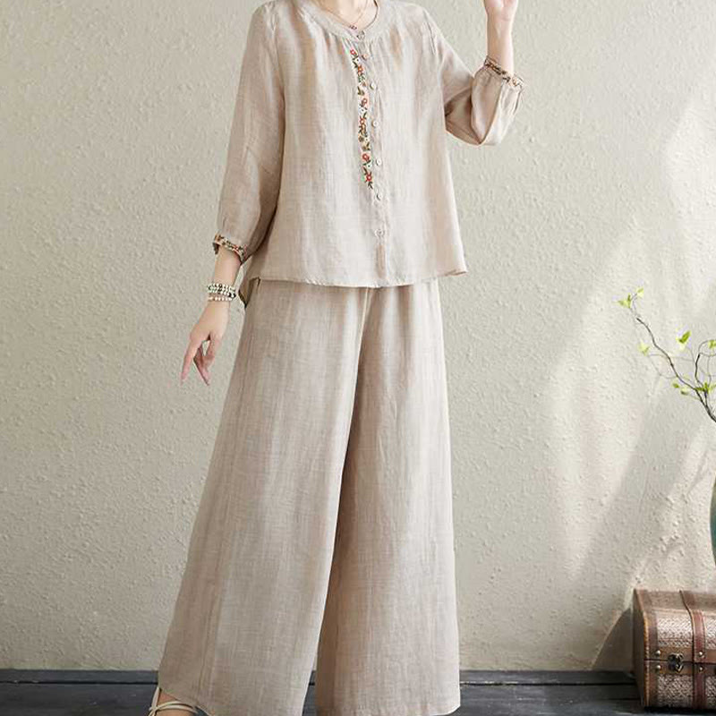 Conjunto de 2 piezas de camisa y pantalones con bordado de flores de algodón y piedras de Buddha Stones para meditación, tai chi y zen para mujer - image 19