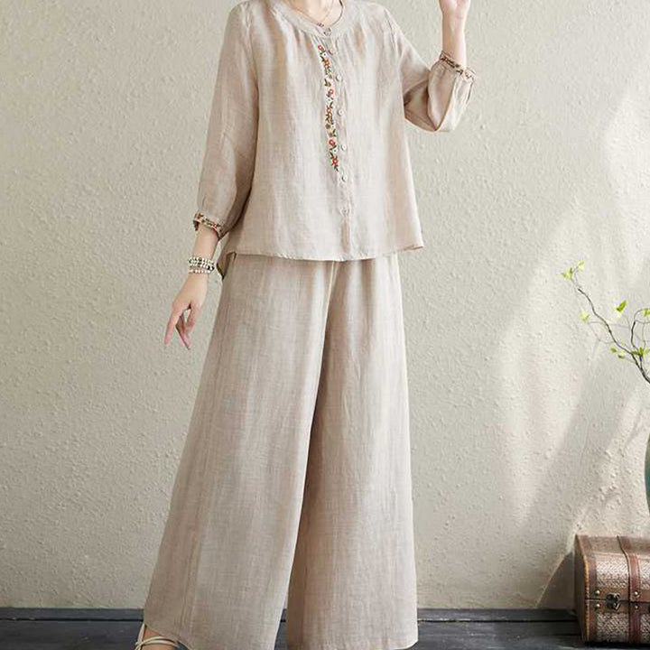 Conjunto de 2 piezas de camisa y pantalones con bordado de flores de algodón y piedras de Buddha Stones para meditación, tai chi y zen para mujer - image 19