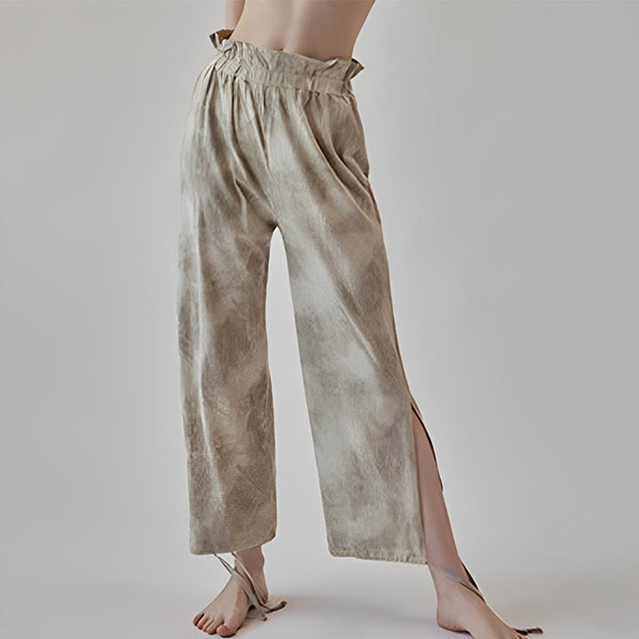 Pantalones casuales de licra con estampado de tinta y lazos en las piernas para mujer con Buddha Stones - Trigo - US6，UK/AU10，EU38 (XL) - image 6