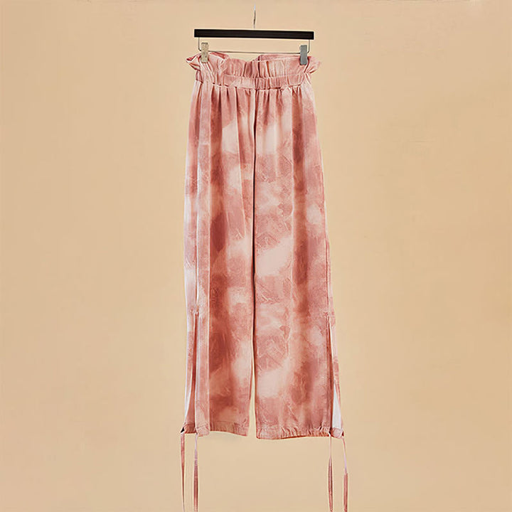 Pantalones casuales de licra con estampado de tinta y lazos en las piernas para mujer con Buddha Stones - image 1