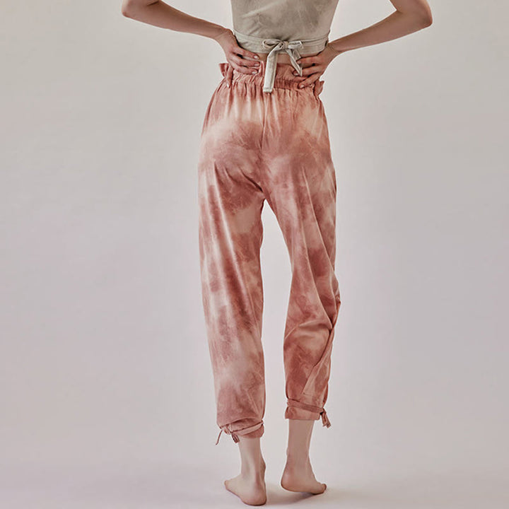 Pantalones casuales de licra con estampado de tinta y lazos en las piernas para mujer con Buddha Stones - Coral claro - US6，UK/AU10，EU38 (XL) - image 0