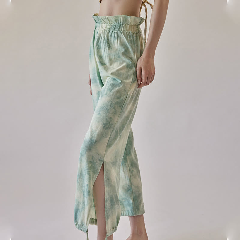 Pantalones casuales de licra con estampado de tinta y lazos en las piernas para mujer con Buddha Stones - Turquesa pálido - US6，UK/AU10，EU38 (XL) - image 12