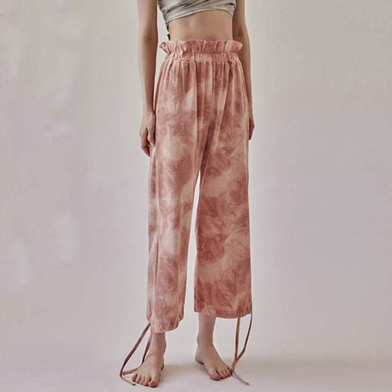 Pantalones casuales de licra con estampado de tinta y lazos en las piernas para mujer con Buddha Stones - image 2