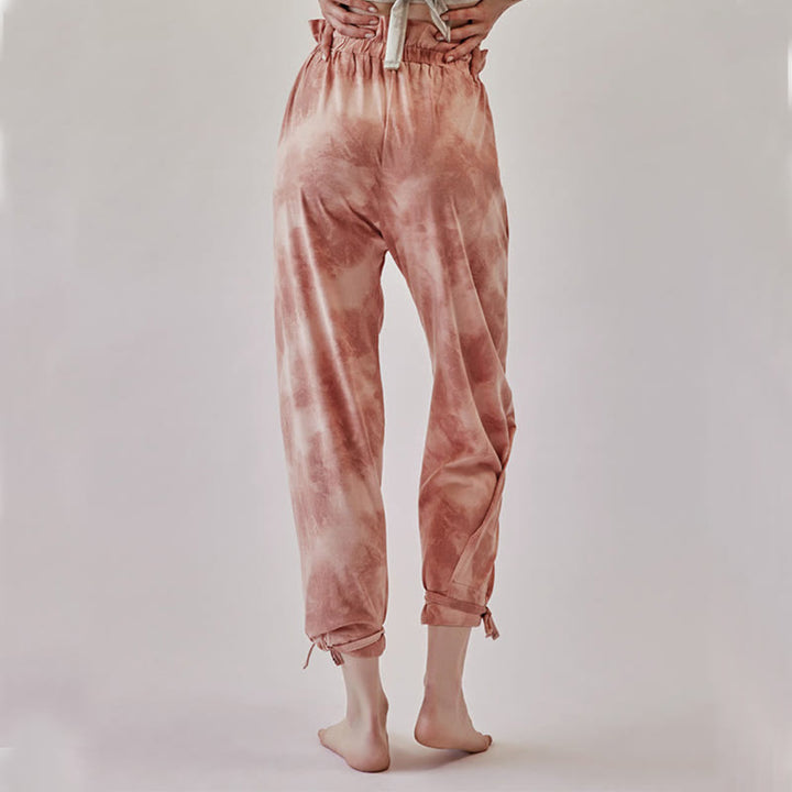 Pantalones casuales de licra con estampado de tinta y lazos en las piernas para mujer con Buddha Stones - image 4